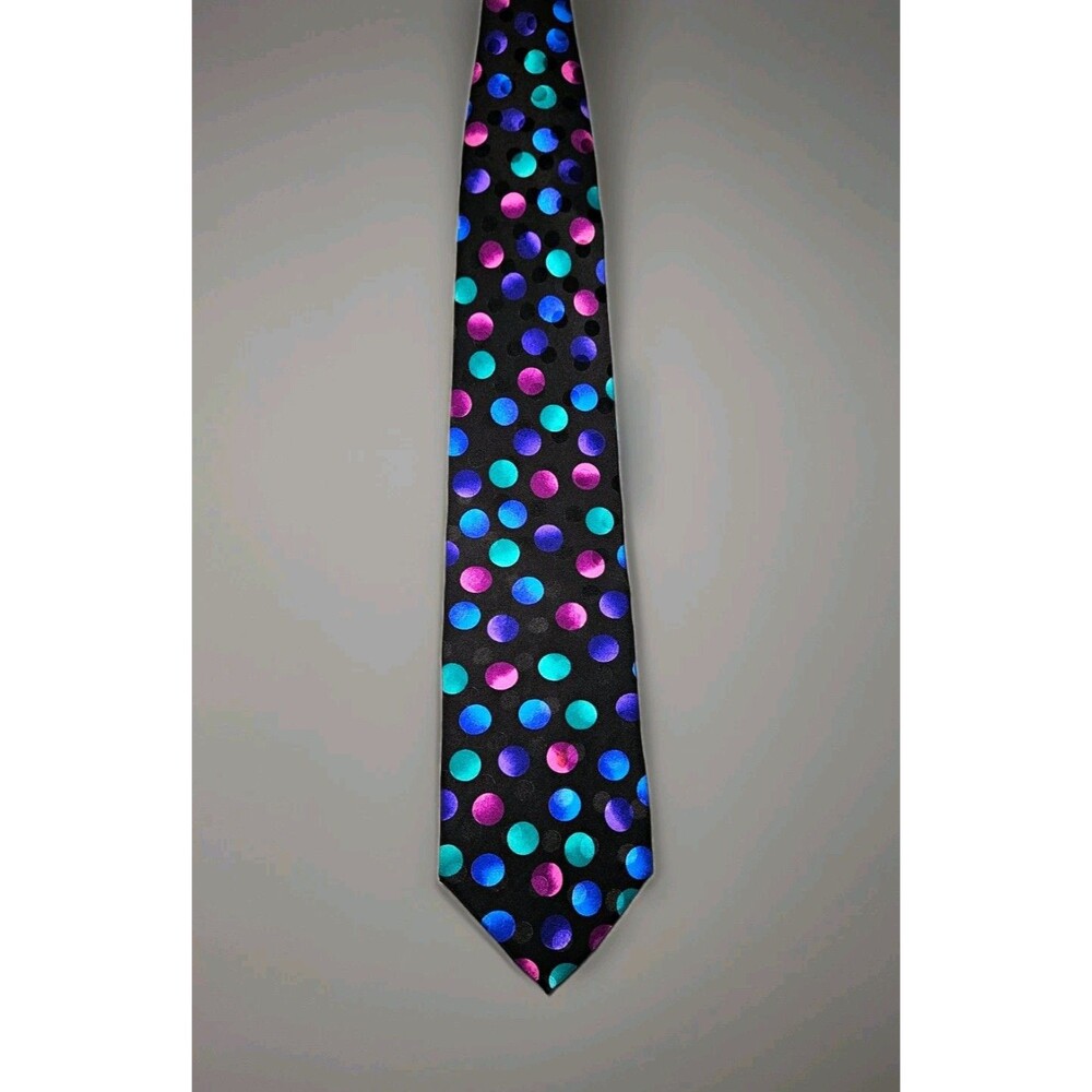 Italo Mondo 100% Silk Tie Black Multicolor Polka Dot Jewel Tone Vintage tie